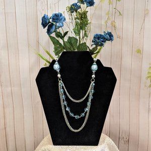 Blue Beaded Layered Long Necklace